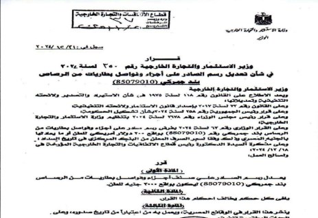 تعديل رسم الصادر على أجزاء وفواصل بطاريات الرصاص إلي 3000 جنيه